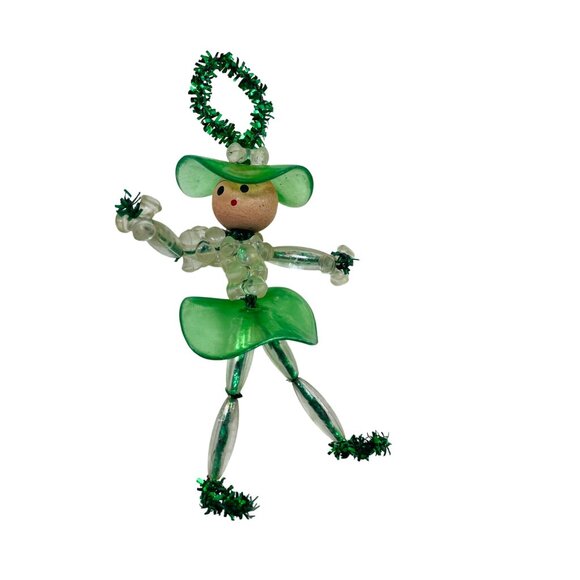 Vintage Green Beaded Winter Lady Ornament Handmade 4 inches - Picture 8 of 9